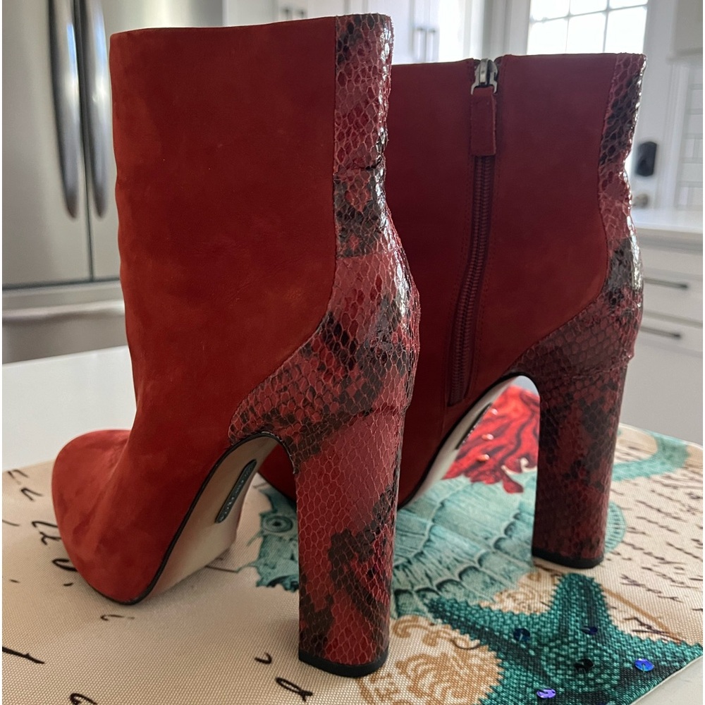 Boutique 9 Orange Suede Platform Bootie w/Snake Skin detail 4” heel, 1”platform